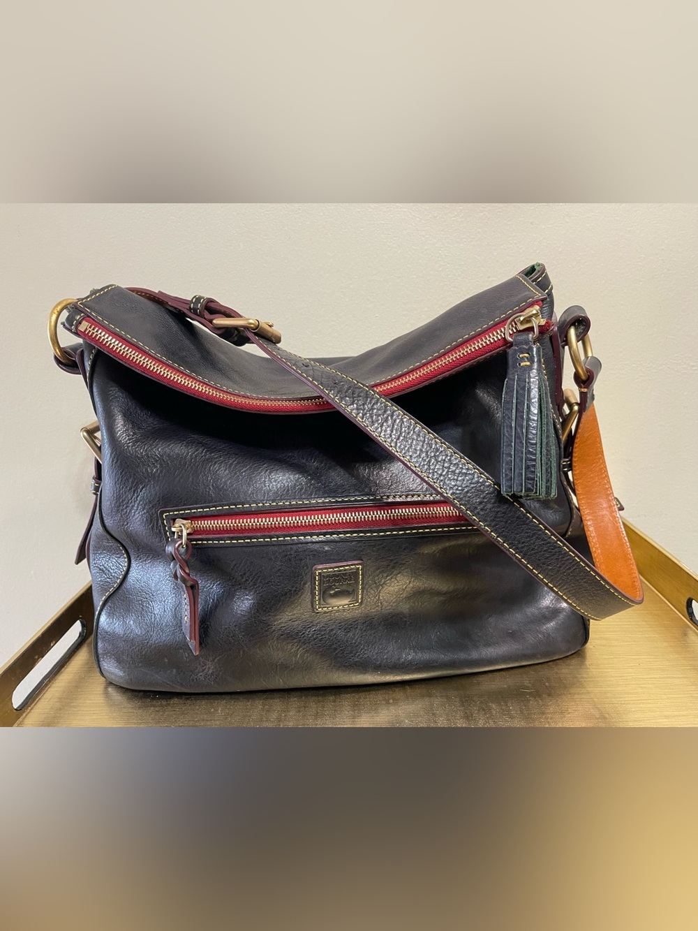 Dooney & Bourke Dark Brown Leather Hobo with Red Zip and Tan Strap
